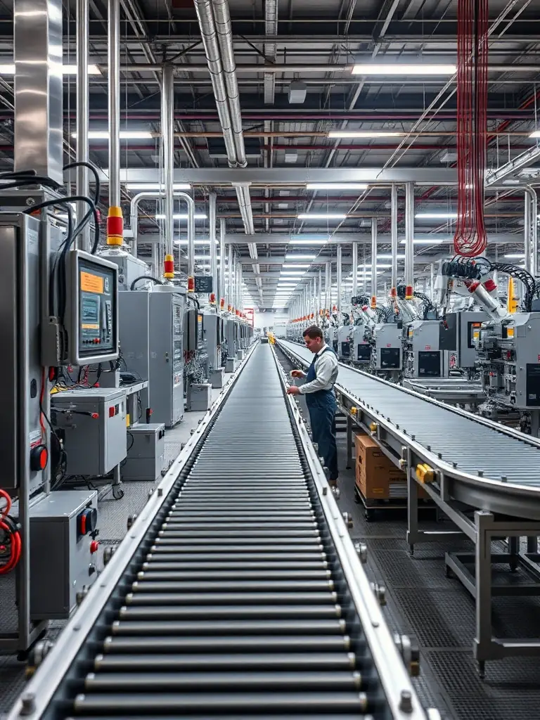 An image showing a manufacturing plant floor with automated machinery, highlighting the importance of compliance with industry standards like CMMC and NIST 800-171.